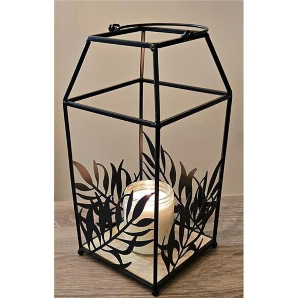 Black Metal Candle Lantern Indoor Outdoor Leaf Design Decorative Centerpiece - Picture 6 of 6